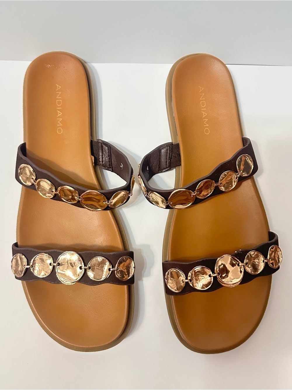 Women's Brown Slide Sandals with Gold Accents